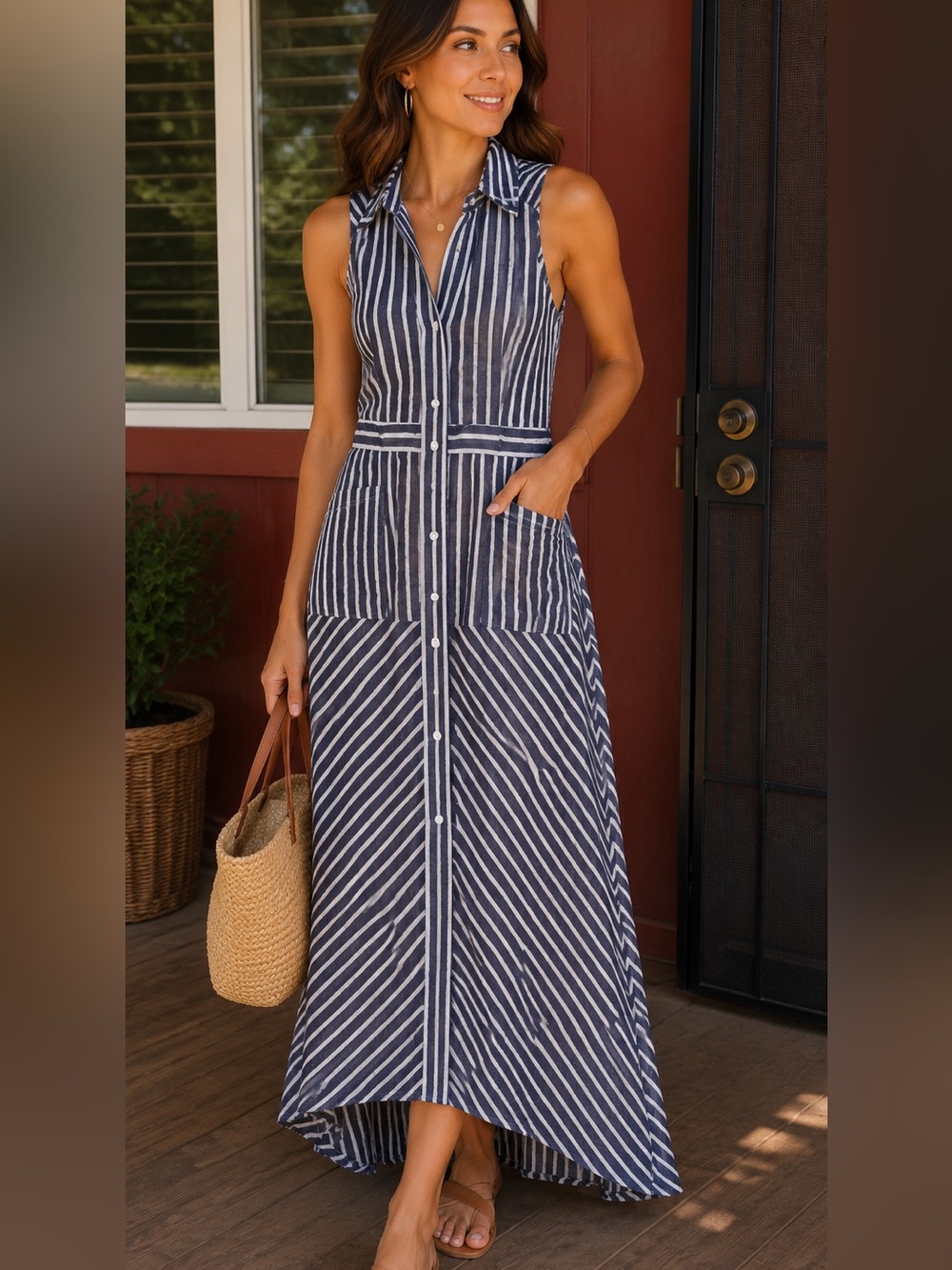 RACHEL Rachel Roy Navy and White Striped Button-Front Maxi Dress